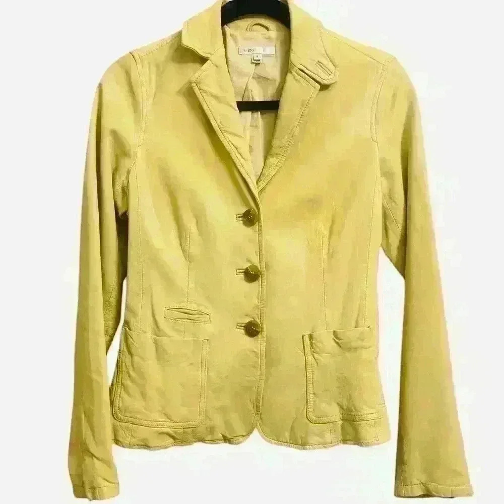 Vince Soft Beige/Yellow Botton front Leather Blazer Jacket. Lined. Fitted. 6